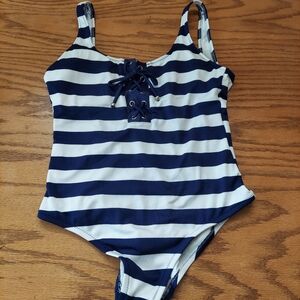 Mossimo Navy and White Striped One-Piece Swimsuit with Lace-Up Front Sz M